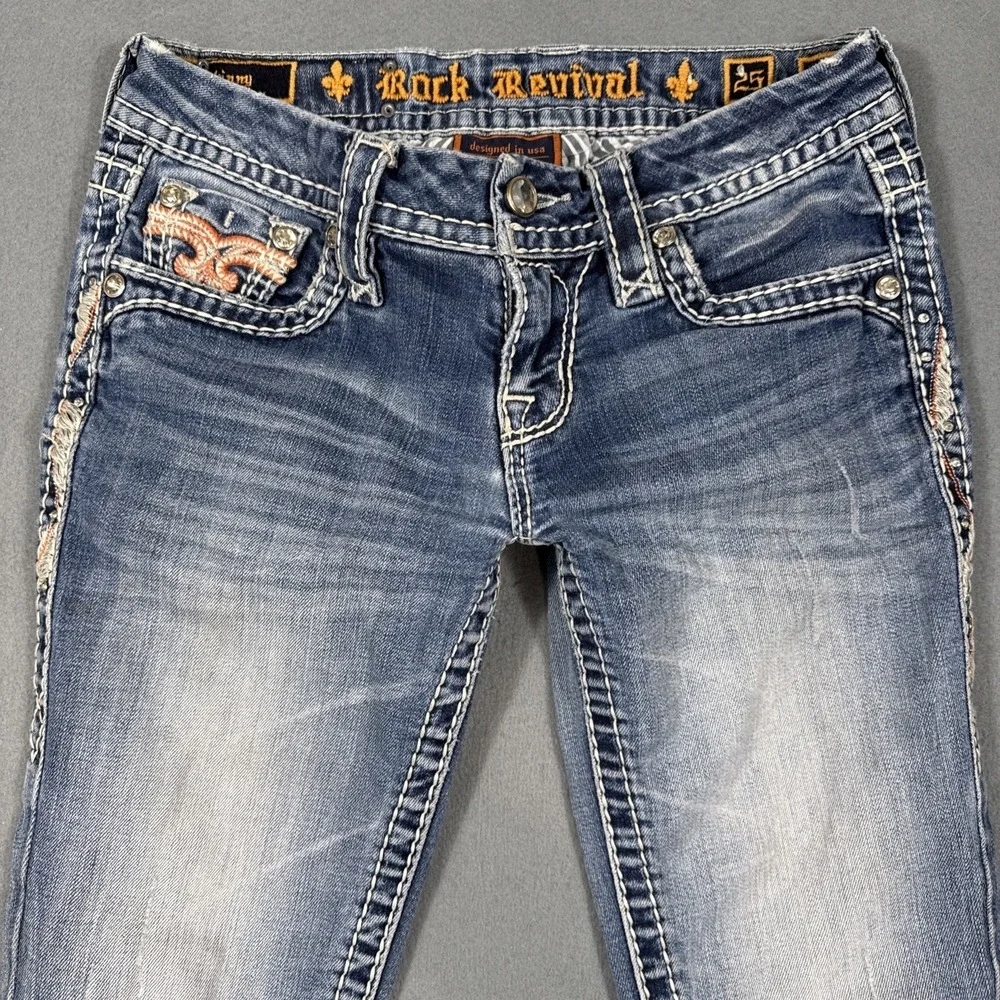 ROCK REVIVAL Yui Skinny Stretch Jeans Women's 25 rhinestones RARE COLOR WHISKERS - Picture 4 of 10